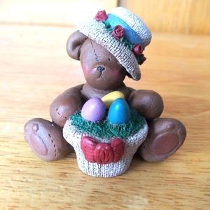 Vintage 1990 Bonnie Bear Figurine Signed Clay 2.5" Miniature April Easter Basket